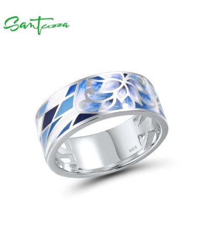 SANTUZZA Silver Rings 925 Sterling Silver Blue Flower Enamel Rings Jewelry - US 7