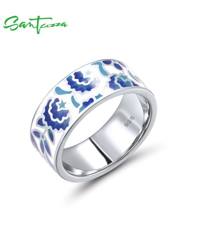 SANTUZZA 925 Sterling Silver Rings Blue Flower Handmade Enamel Rings Fine Jewelry - US 6