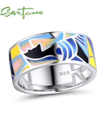 SANTUZZA Silver 925 Sterling Silver Rings Face HANDMADE Colorful Enamel Fine Jewelry - US 8