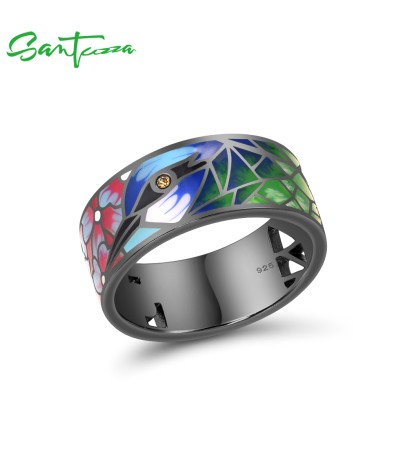 SANTUZZA 925 Sterling Silver Rings Yellow Nano CZ Bird Enamel Rings Black Color Jewelry Handmade - US 9