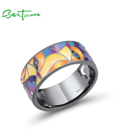 SANTUZZA 925 Sterling Silver Rings For Women Blue Spinel Bird Flower Enamel Rings Jewelry - US 7