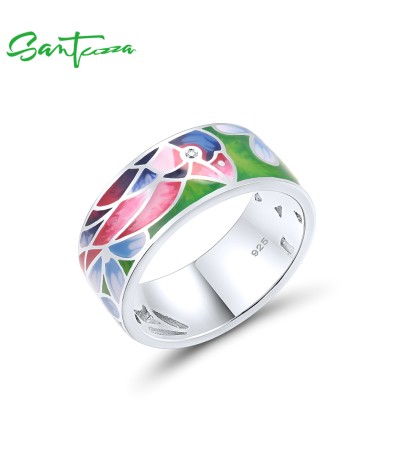 SANTUZZA 925 Sterling Silver Rings White CZ Pink Bird Enamel Rings Jewelry Handmade - US 6