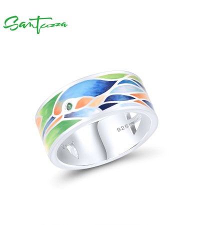 SANTUZZA 925 Sterling Silver Rings Green Spinel Blue Bird Enamel Rings Jewelry Handmade - US 6.5
