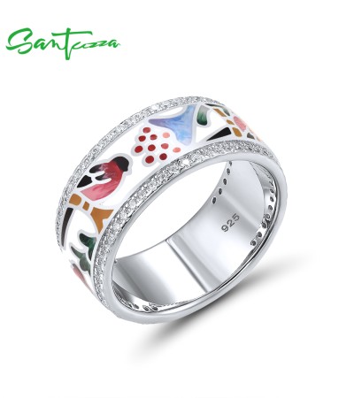SANTUZZA 925 Sterling Silver Rings White Cubic Zirconia Red Bird Enamel Rings Jewelry - US 6