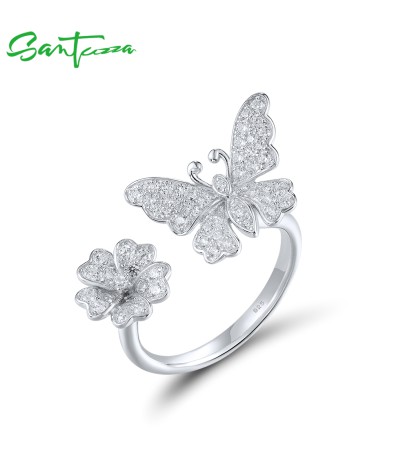 SANTUZZA 925 Sterling Silver Open Rings White Cubic Zirconia Lovely Butterfly & Flower Jewelry - US 9