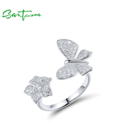 SANTUZZA 925 Sterling Silver Open Rings White Cubic Zirconia Edgy Cute Butterfly & Flower Jewelry - US 7