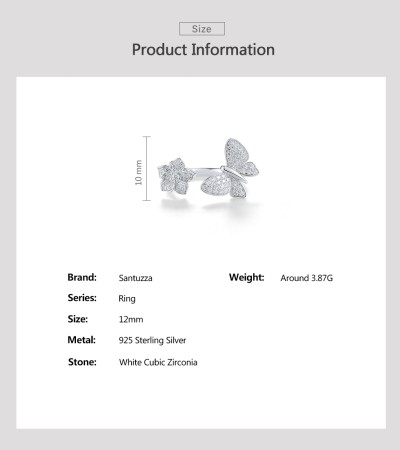 SANTUZZA 925 Sterling Silver Open Rings White Cubic Zirconia Edgy Cute Butterfly & Flower Jewelry - US 6