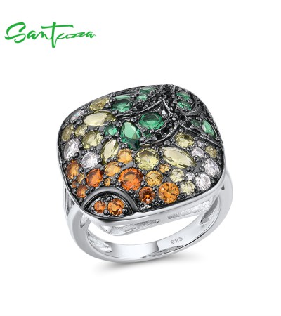 SANTUZZA Silver Ring 925 Sterling Silver Sparkling Colorful Stones Classical Square Jewelry - US 9