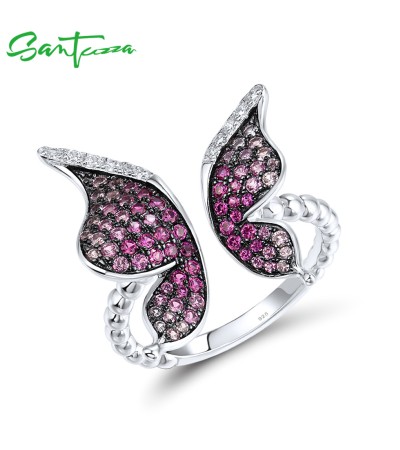 SANTUZZA 925 Sterling Silver Ring Created Pink Sapphire Ruby Opened Butterfly Jewelry - US 7