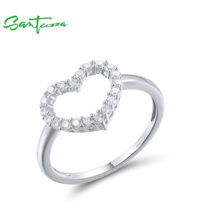 SANTUZZA 925 Sterling Silver Rings White Cubic Zirconia Heart Shaped Minimalist Sweet Fine Jewelry - US 9