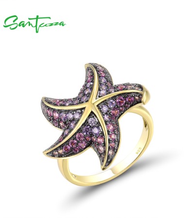 SANTUZZA 925 Sterling Silver Rings Amethyst CZ Pink Stones Star Fish Ring Ocean Fine Jewelry - US 9