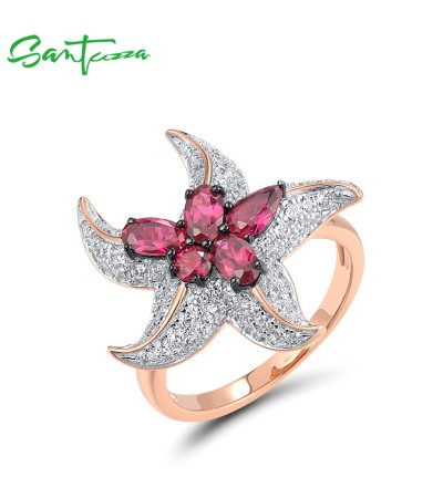 SANTUZZA 925 Sterling Silver Rings White CZ Created Ruby Star Fish Ocean Fine Jewelry - US 8