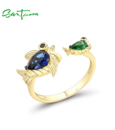 SANTUZZA 925 Sterling Silver Rings Blue Green Stones Black Spinel Fish Adjustable Ring Fine Jewelry - US 6.5