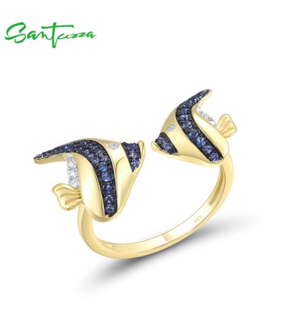 SANTUZZA 925 Sterling Silver Rings Blue White Cubic Zirconia Fish Adjustable Ring Fine Jewelry - US 7