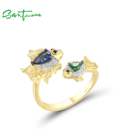 SANTUZZA 925 Sterling Silver Rings Blue Green Stones White CZ Fish Adjustable Ring Fine Jewelry - US 7.5