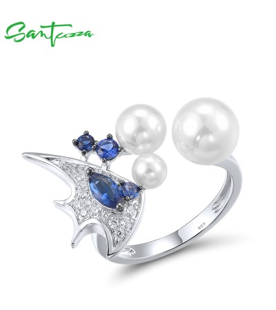 SANTUZZA 925 Sterling Silver Adjustable Ring Blue Stone White Shell Beads Fish Fine Jewelry - US 9