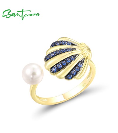 SANTUZZA 925 Sterling Silver Adjustable Rings Blue Nano CZ White Shell Beads Fine Jewelry - US 7