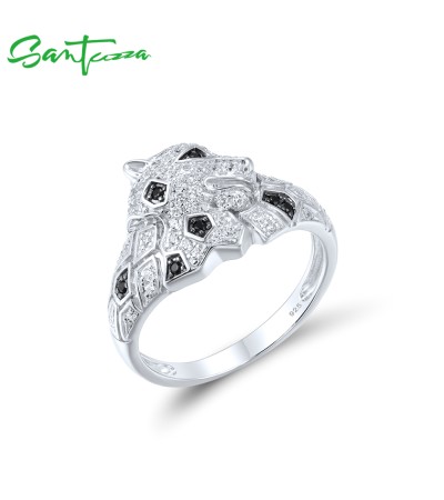 SANTUZZA 925 Sterling Silver  Leopard Ring Black Spinels White CZ Panther Wild Animal Fine Jewelry - US 6