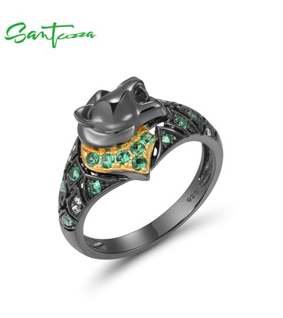 SANTUZZA 925 Sterling Silver Ring Green Spinel White CZ Black Plating Leopard Rings Animal Fine Jewelry - US 6
