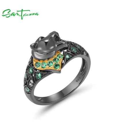 SANTUZZA 925 Sterling Silver Ring Green Spinel White CZ Black Plating Leopard Rings Animal Fine Jewelry - US 9
