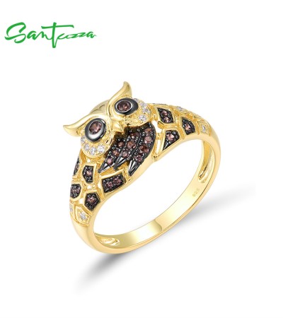 SANTUZZA 925 Sterling Silver Ring Chocolate/White CZ Gold Color Owl Animal Fine Jewelry - US 8