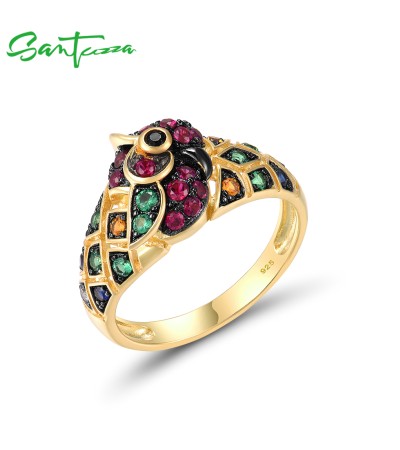 SANTUZZA 925 Sterling Silver Rings  Colorful Stones Gold Color Parrot Ring Bird Animals Fine Jewelry - US 7