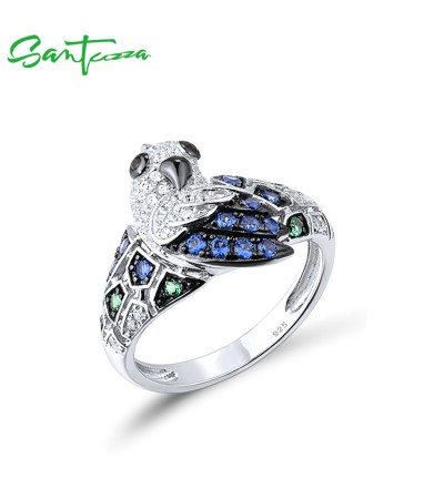 SANTUZZA 925 Sterling Silver Rings White/Blue CZ Green/Black Spinel Parrot Rings Birds Fine Jewelry - US 8