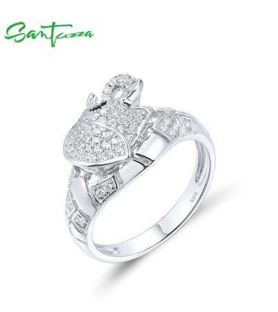 SANTUZZA 925 Sterling Silver Rings White CZ Black Spinel Elephant Ring Cute Animal Jewelry - US 7