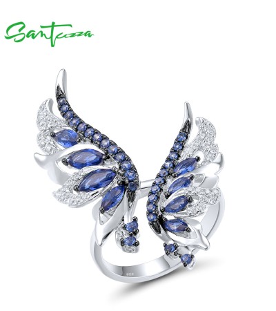 SANTUZZA 925 Sterling Silver Rings Blue White Cubic Zirconia Angel Wings Jewelry - US 8