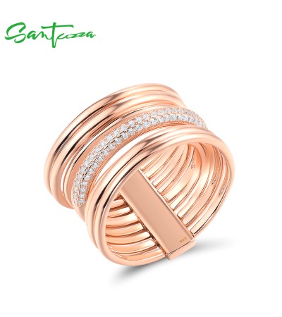SANTUZZA 925 Sterling Silver Layerable Ring White Cubic Zirconia Thick Modern Jewelry - US 8.5