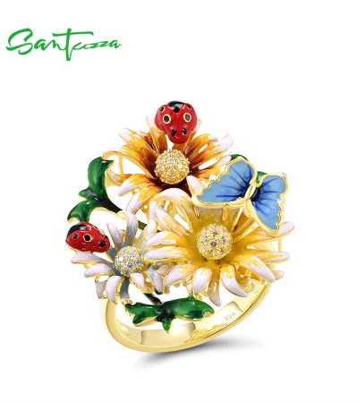SANTUZZA 925 Sterling Silver Rings Yellow White CZ Enamel Flower Butterfly Fine Jewelry  - US 6