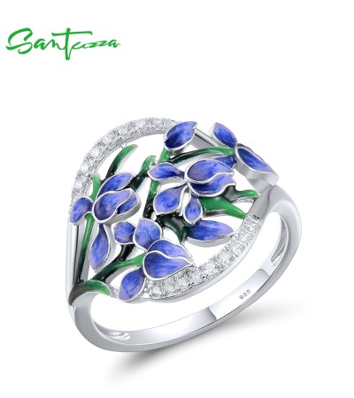 SANTUZZA 925 Sterling Silver Rings White CZ Blue Orchid Flower Enamel Jewelry - US 8