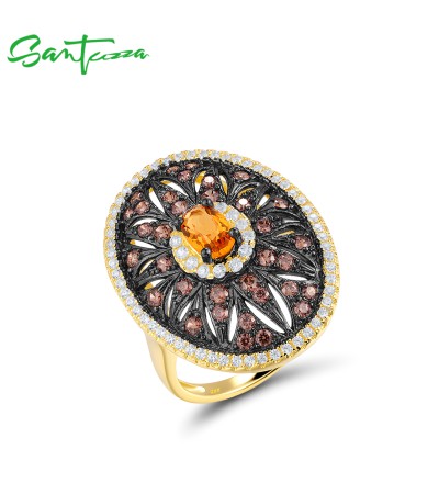SANTUZZA 925 Sterling Silver Rings Chocolate CZ Flower Oval Jewelry - US 8