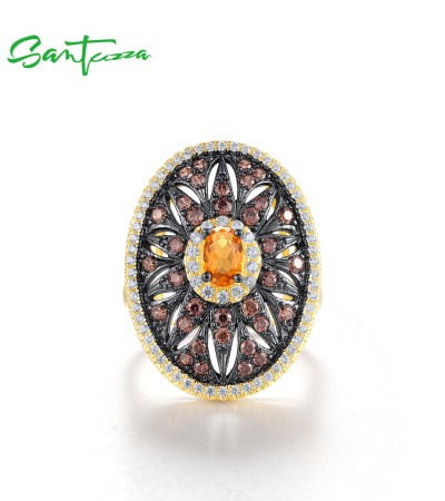 SANTUZZA 925 Sterling Silver Rings Chocolate CZ Flower Oval Jewelry - US 6