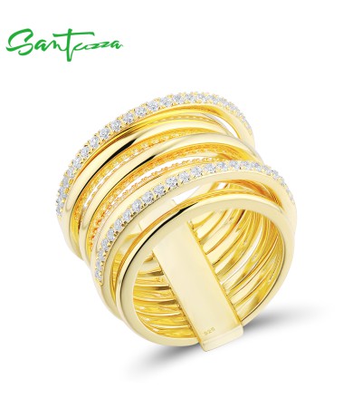 SANTUZZA 925 Sterling Silver Layer Ring White Cubic Zirconia Yellow Gold Plated Jewelry - US 6.5