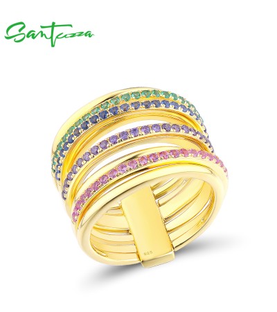 SANTUZZA 925 Sterling Silver Layer Ring Colorful Gemstone Yellow Gold Plated Jewelry - US 8.5