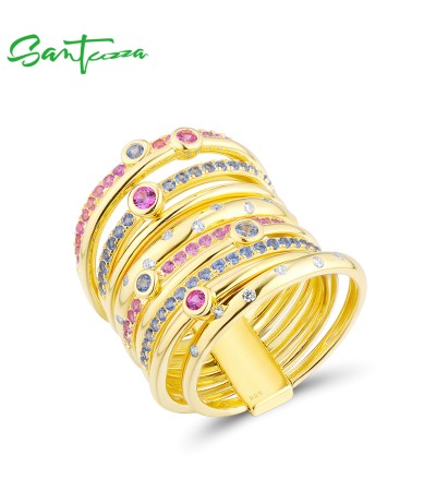 SANTUZZA 925 Sterling Silver Layer Ring Pink Blue Gemstones Yellow Gold Plated Jewelry - US 8