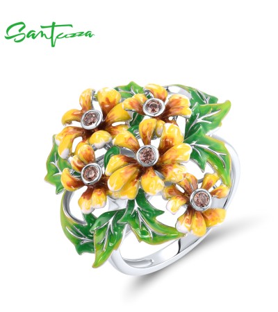 SANTUZZA 925 Sterling Silver Ring Enamel Yellow Flowers Green Leaf Fine Jewelry - US 9