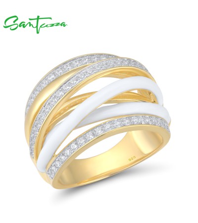 SANTUZZA 925 Sterling Silver Rings White Cubic Zirconia Ring Delicate Enamel Jewelry - US 9