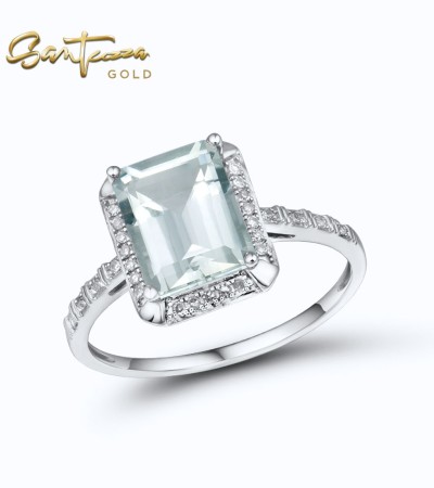 SANTUZZA 14K 585 White Gold Ring Diamond Rectangle Green Amethyst (Prasiolite )  Fine Jewelry - US 7.5