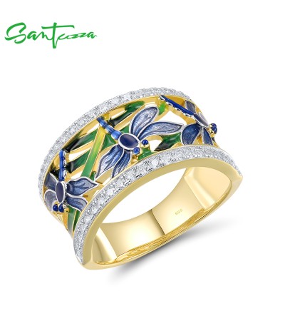 SANTUZZA 925 Sterling Silver Ring White CZ Blue Dragonfly Enamel Fine Jewelry - US 8