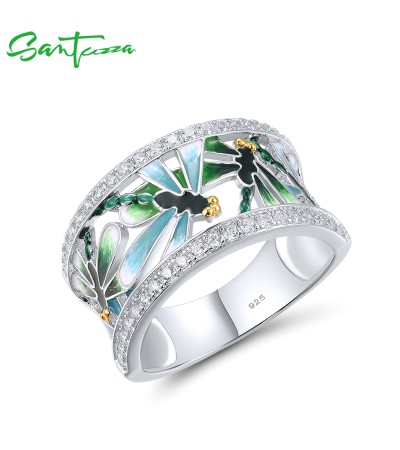SANTUZZA 925 Sterling Silver Ring White CZ Dragonfly Green Enamel Fine Jewelry - US 7