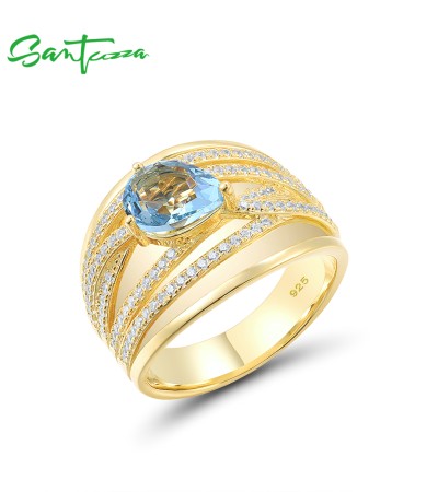 SANTUZZA 925 Sterling Silver Rings Blue Stone White Cubic Zirconia Fine Jewelry - US 8