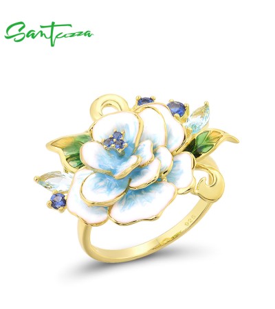 SANTUZZA 925 Sterling Silver Rings Blue Stone Blooming Flower Jewelry Enamel - US 6
