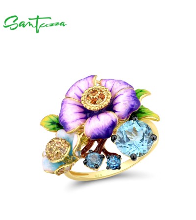 SANTUZZA 925 Sterling Silver Ring Blooming Purple Flower Blue Spinel Fine Jewelry Enamel - US 6