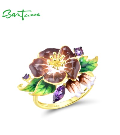 SANTUZZA 925 Sterling Silver Rings Brown Enamel Flower Amethyst CZ Fine Jewelry  - US 8