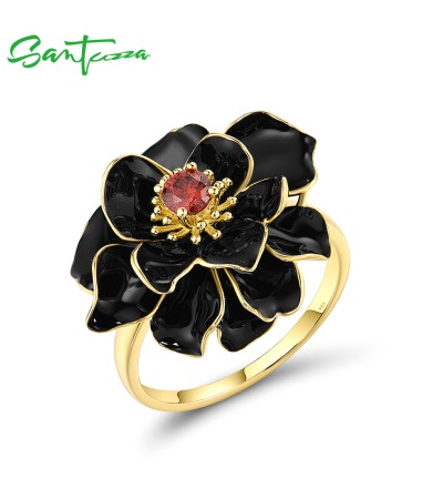 SANTUZZA 925 Sterling Silver Rings Black Enamel Lotus Flower Garnet Fine Jewelry  - US 8