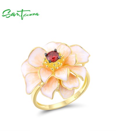 SANTUZZA 925 Sterling Silver Rings White Lotus Flower Garnet Jewelry Enamel - US 7
