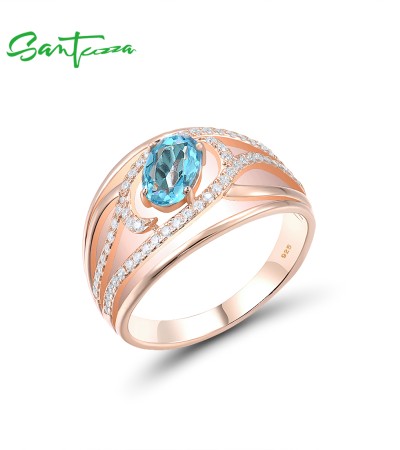 SANTUZZA 925 Sterling Silver Rings Blue Stone White Cubic Zirconia Fine Jewelry - US 6