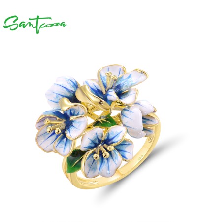 SANTUZZA 925 Sterling Silver Rings Blue Handmade Enamel Blooming Flower Ring Fine Jewelry - US 6